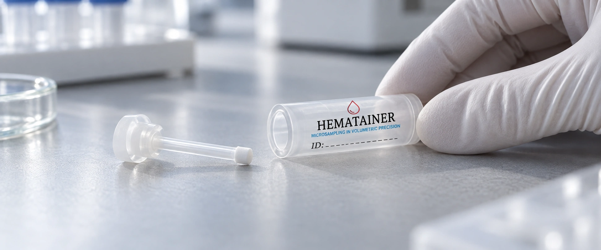 Laboratuvar tezgâhında örnekleme aparatı yanında duran Hematainer tüpünü tutan eldivenli bir el.